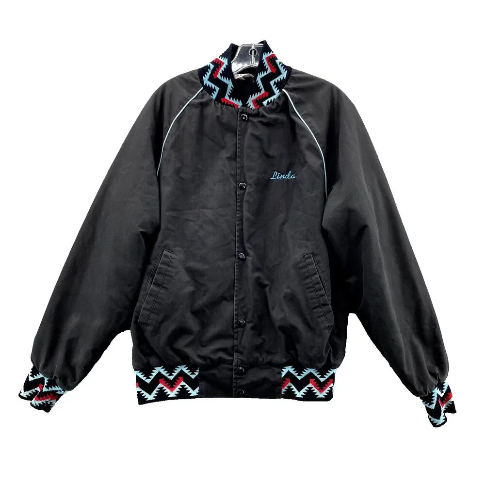Vintage West Ark Bomber Jacket Medium Black Aztec‎ Southwestern Varsity USA Made